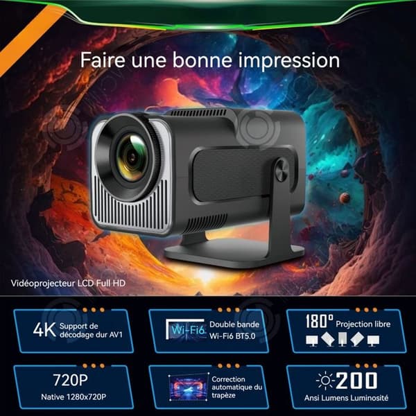 INN Bärbar projektor för hemmet 4K 720P 180 grader Wifi6 Bluetooth 5,0 projektor för camping och utomhusspel