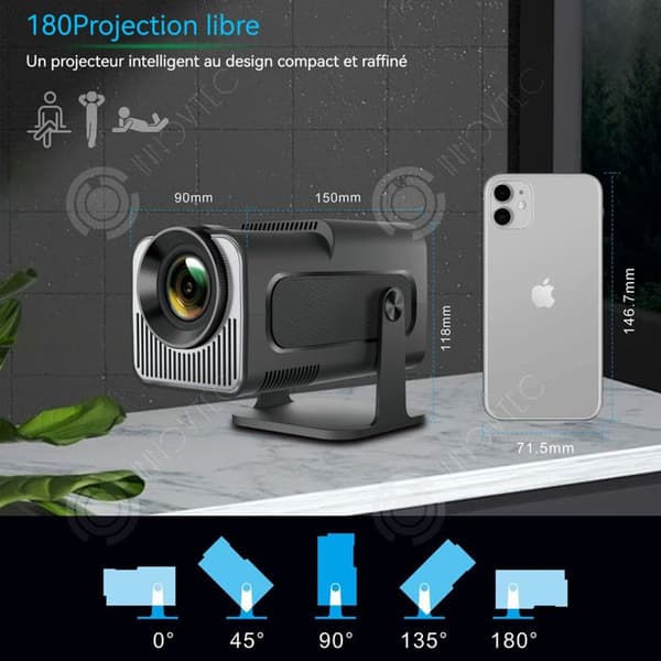 INN Bärbar projektor för hemmet 4K 720P 180 grader Wifi6 Bluetooth 5,0 projektor för camping och utomhusspel