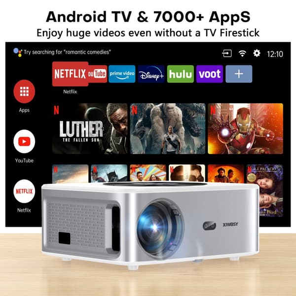 XIWBSY Smart Projektor, 4K Video Upplösning, 25000 Lumen Ljusstyrka,8G Manuell Fokusering, Eu plugg