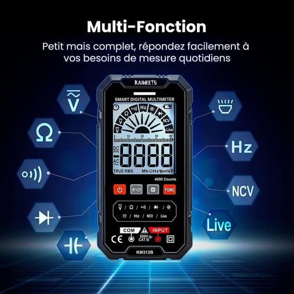 KAIWEETS 4000 Count TRMS Auto Range Digital Multimeter, Multimeter, Voltmeter, Mät spänning, Kontinuitet, Kapacit A16