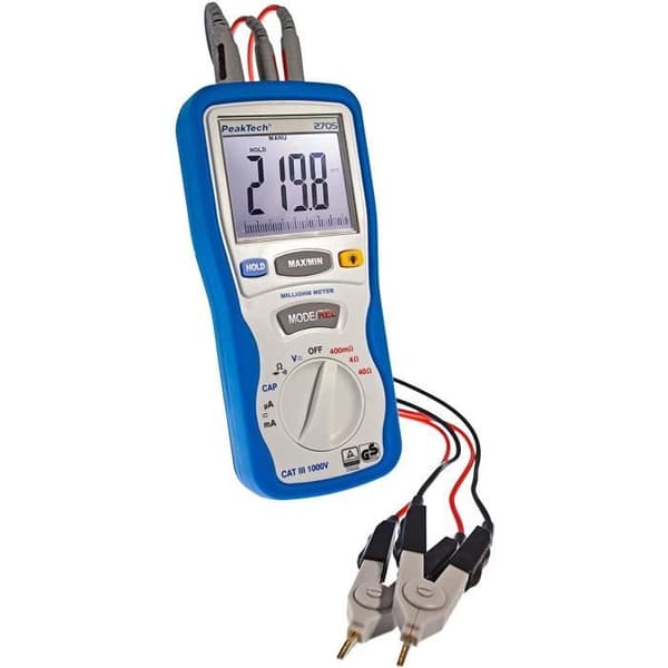 PeakTech 2705 - Digital Milliohmmeter med 4-stifts Kelvin-testledningar, avståndsmätning, TÜV/GS,