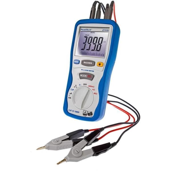PeakTech 2705 - Digital Milliohmmeter med 4-stifts Kelvin-testledningar, avståndsmätning, TÜV/GS,