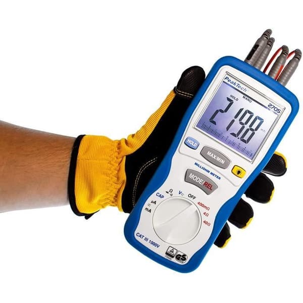 PeakTech 2705 - Digital Milliohmmeter med 4-stifts Kelvin-testledningar, avståndsmätning, TÜV/GS,