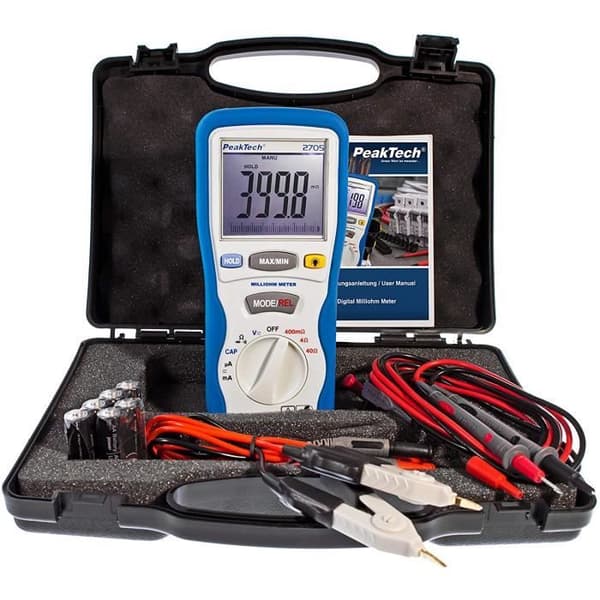 PeakTech 2705 - Digital Milliohmmeter med 4-stifts Kelvin-testledningar, avståndsmätning, TÜV/GS,