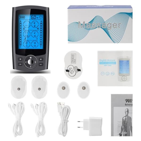 Anti-Pain tens elektrostimulator och EMS muskelelektrostimulering - 24 massageprogram + dubbelkanalsutgång Vit)