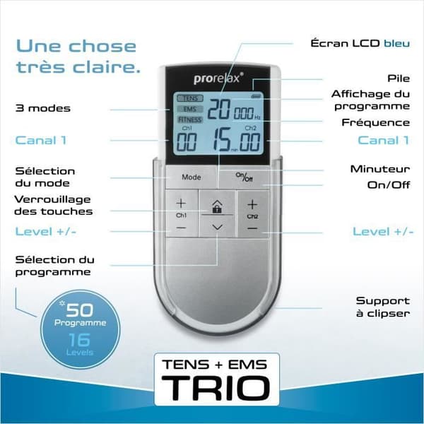 prorelax TENS/EMS TRIO | Elektrostimuleringsanordning | 3 behandlingar med en enhet | 50 program totalt