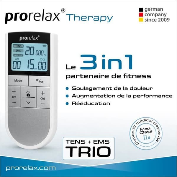 prorelax TENS/EMS TRIO | Elektrostimuleringsanordning | 3 behandlingar med en enhet | 50 program totalt
