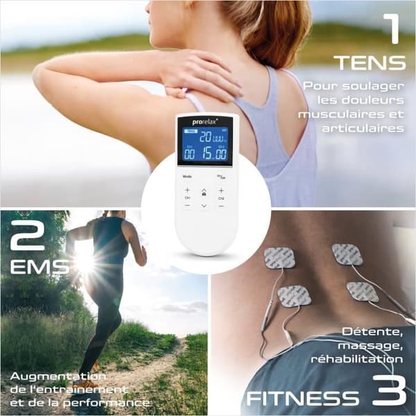prorelax TENS/EMS TRIO+ | Elektrostimuleringsanordning | 3 behandlingar med en enhet | 50 program totalt