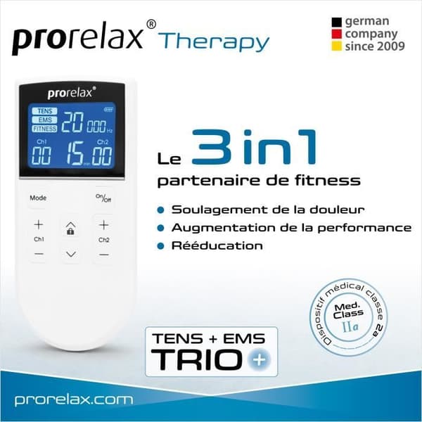 prorelax TENS/EMS TRIO+ | Elektrostimuleringsanordning | 3 behandlingar med en enhet | 50 program totalt