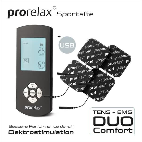 prorelax TENS/EMS Duo Comfort Blackline | Elektrostimuleringsanordning | 2 behandlingar med en enhet