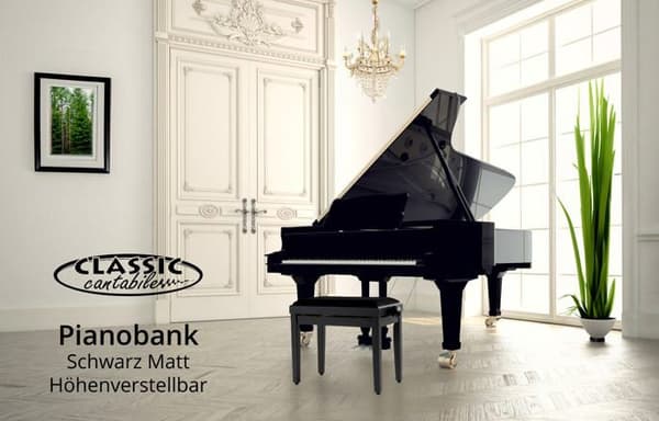 Pianobänk - Classic Cantabile - Mattsvart - Sittkomfort - Robusta fötter - Justerbara i höjdled
