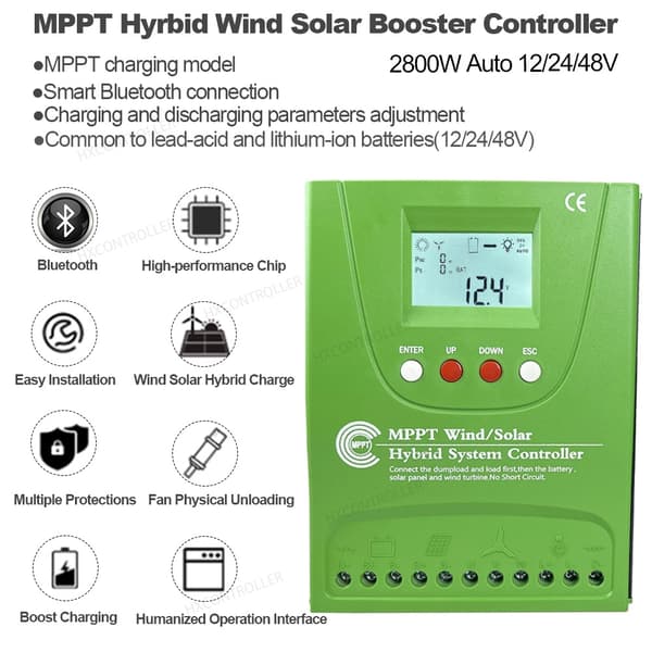 Vind Sol Opladningskontrol, MPPT, Indbygget Bluetooth, Vind 1kW Solar 1kW, Auto 12V 24V, uden Bluetooth