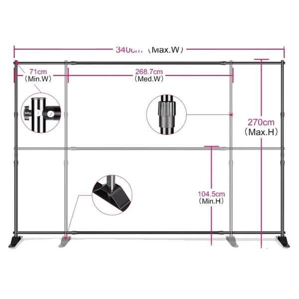 Bakgrundsstödssystem, Justerbar bredd 71 cm, Justerbar höjd 90-243 cm,Dubbel 2.7x3.4M