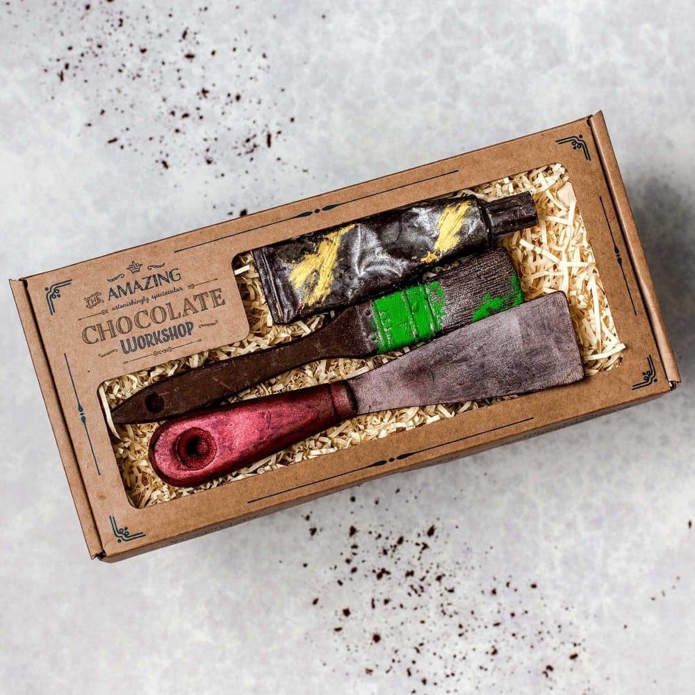 Lyxchoklad färgpensel, färgrör och skrapa Presentask