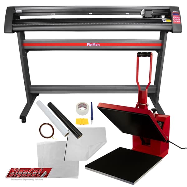 Värmepress 38 x 38cm Värmetryck Skärplotter 1350mm & Stativ SignCut Pro 2 Teflonark 10 Sublimeringsark Svarta/Vita Vinylrullar Värmetejp Rensningskit