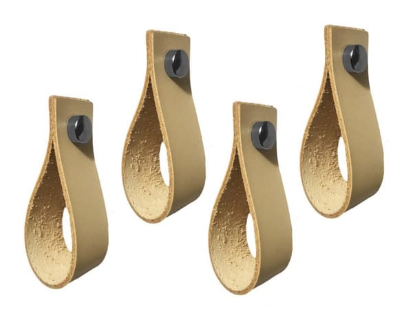 Set med 4 läderhandtag, öglor, för möbler, natur