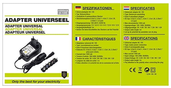 Universaladapter från 230V (AC) till 3,0-12V (DC), 1000 mA