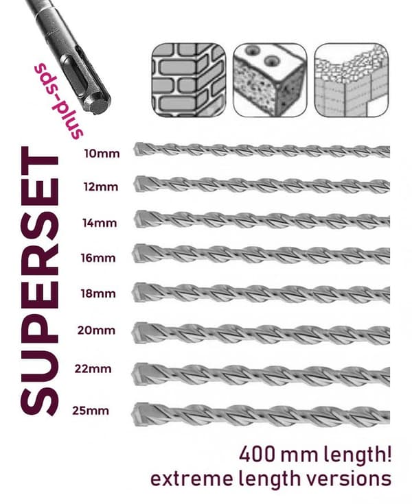 Sarja erikoispitkiä SDS-plus betoniporakoneita (8 kpl)