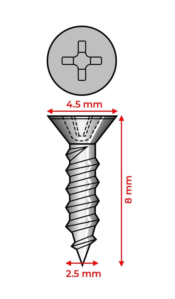 Sats med 300 miniskruvar (2,5x8 mm, försänkta, bronsfärgad)