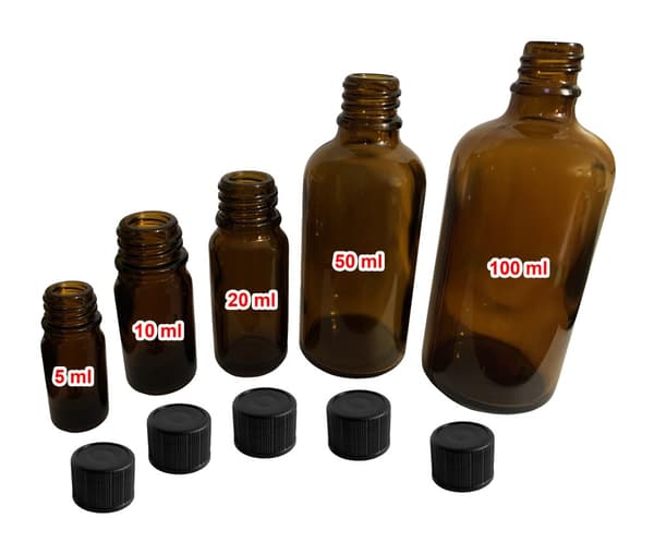 Sæt med 50 glasflasker (5 ml) med sort skruelåg