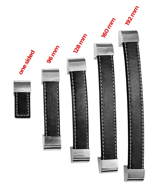 Set med 4 svarta läderhandtag (160 mm, ändstycke av metall)