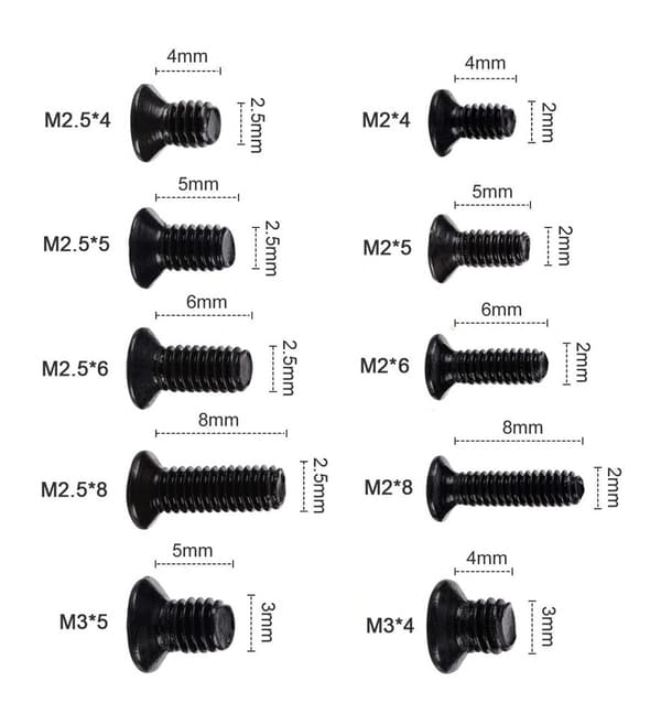 Sats med 1000 små svarta bultar (M2, M2,5 och M3, längd 4-8 mm)