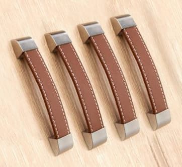 Set med 4 läderhandtag (160 mm, brunt, metalländstycke)