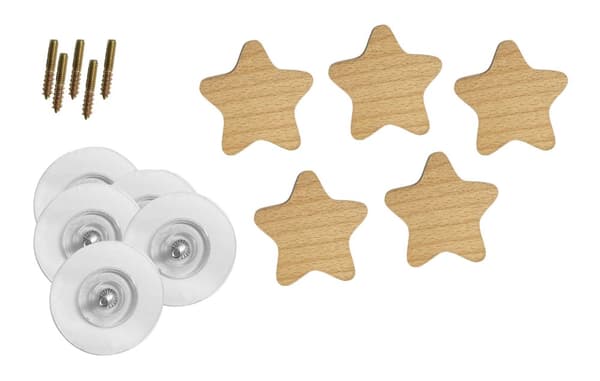 Set med 5 klädkrokar i trä (stjärna) för barnrum och skolor