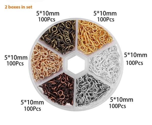 Set mini skruvöglor (1200 st, 5x10 mm, olika färger, i 2 lådor)