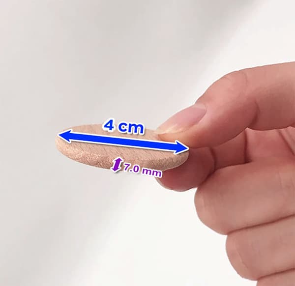 Sats med 100 träskivor (dia: 4 cm, tjocklek: 7,0 mm, bok)