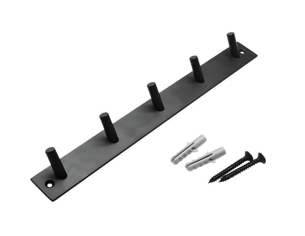 Kraftig svart klädhängare (metall, 5 krokar, 32 cm bredd)