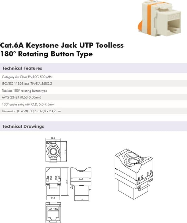 DS-IT CAT6a UTP Keystone Network Connector - Værktøjsløs twist (DS-KC-UTP6A-TL-T)
