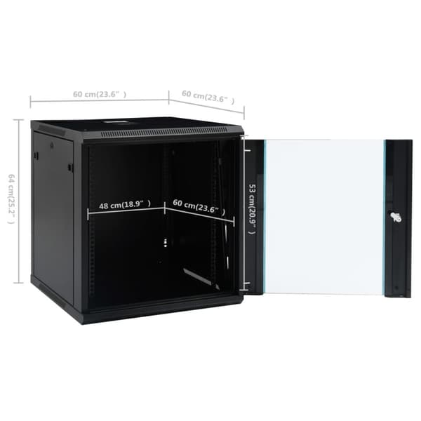 vidaXL 12U Seinäkiinnitettävä verkkolaitekaappi 19" IP20 600x600x640mm -  Verkkosäilytyksen järjestelmät