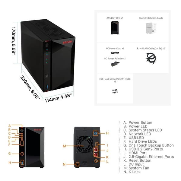 ASUSTOR AS5402T NIMBUSTOR 2 GEN2 - 2-BAY NAS-SERVER, QUAD-CORE 2.0G
