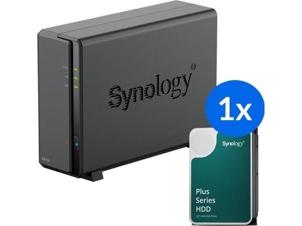 Synology Server Synology DS124 /8T | 1-bay NAS-server med en disk med en total kapasitet på 8TB, Tower