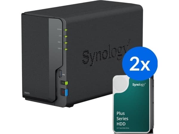 Synology Server Synology DS223 /16T | 2-bay NAS-server med disker med en total kapasitet på 16TB, Tower