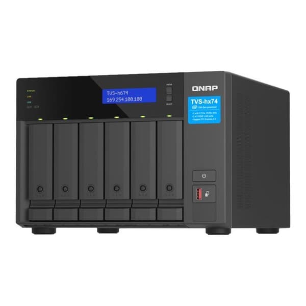 NAS QNAP TVS-H674 - Intel i3-12100 - 16 GB RAM - 2.5GbE - M.2 NVMe SSD-cache Svart