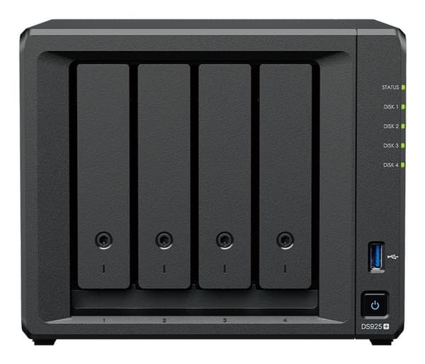 NAS Synology DS925+; Tower; 4x (3,5" SATA-hårddisk); AMD Ryzer V1500B; 4 GB DDR4 ECC SODIMM (max. 32 GB)