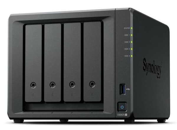 NAS Synology DS925+; Tower; 4x (3,5" SATA-hårddisk); AMD Ryzer V1500B; 4 GB DDR4 ECC SODIMM (max. 32 GB)