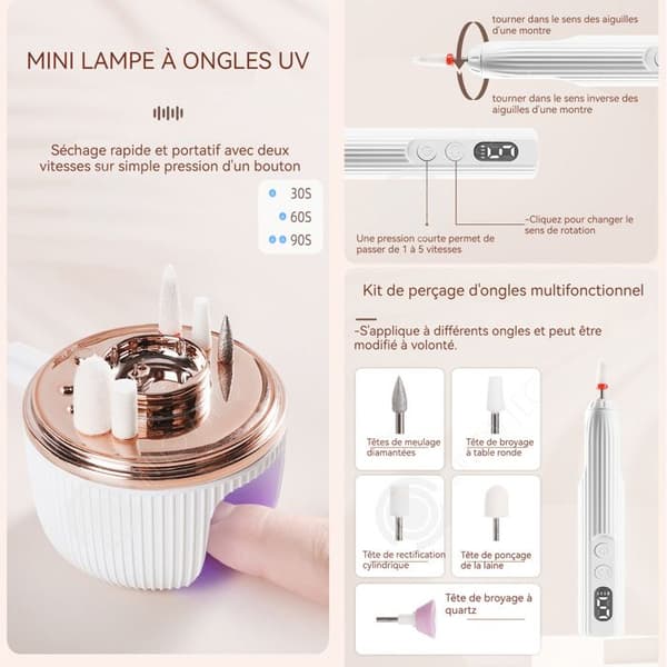 INN Elektrisk nagelfil 5 hastigheter med 6 sliphuvuden professionell nagelslipare med laddningsbas och nagellampa