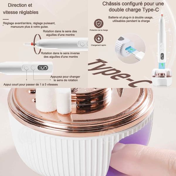 INN Professional Nail Drill 500mah elektrisk nagelfil med 5 typer av sliphuvuden och justerbar i 5 positioner