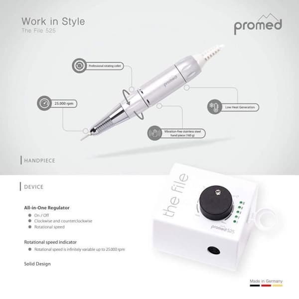 Professionell manikyrslipmaskin - PROMED - The File 525 - 25 000 rpm - Vit - 2 års garanti
