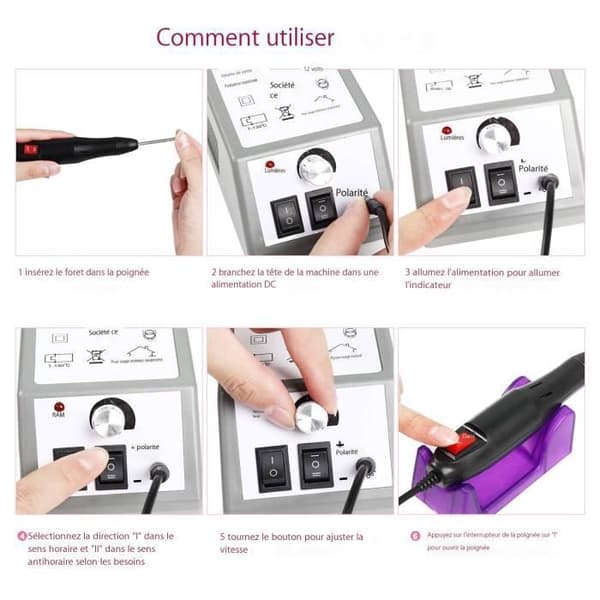 Bärbar nagelslipmaskin 220 V 20 000 varv/min elektrisk manikyr med 6 sliphuvuden - grå