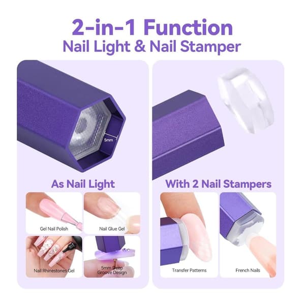 Mini UV Lampe Negle Sølv Negle Lampe med Kraftig Magnetisk Base 2-i-1 LED med 20s / 60sTimer og Negle Stempler