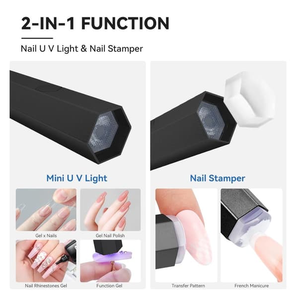 Mini UV Lampe Negle Sølv Negle Lampe med Kraftig Magnetisk Base 2-i-1 LED med 20s / 60sTimer og Negle Stempler