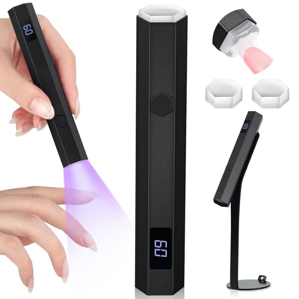 Mini UV Lampe Negle Sølv Negle Lampe med Kraftig Magnetisk Base 2-i-1 LED med 20s / 60sTimer og Negle Stempler