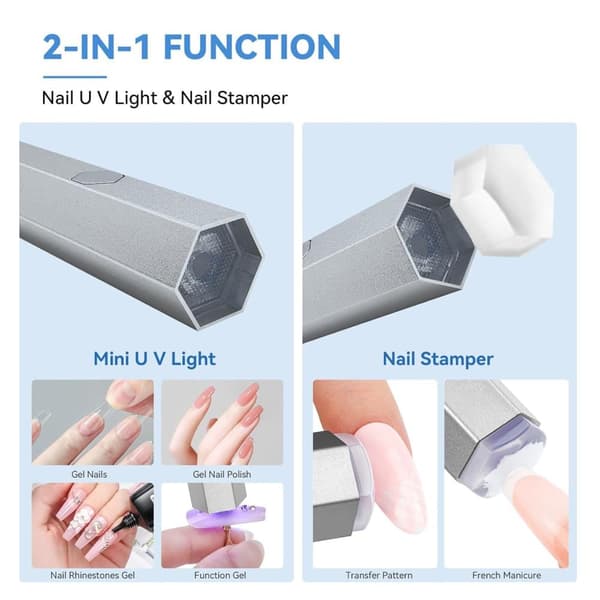 Mini UV Lampe Negle Sølv Negle Lampe med Kraftig Magnetisk Base 2-i-1 LED med 20s / 60sTimer og Negle Stempler