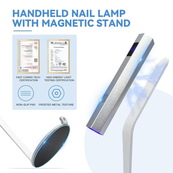 Mini UV Lampe Negle Sølv Negle Lampe med Kraftig Magnetisk Base 2-i-1 LED med 20s / 60sTimer og Negle Stempler