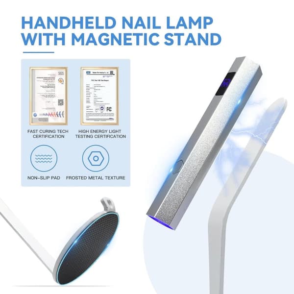 Mini UV Lampe Negle Sølv Negle Lampe med Kraftig Magnetisk Base 2-i-1 LED med 20s / 60sTimer og Negle Stempler