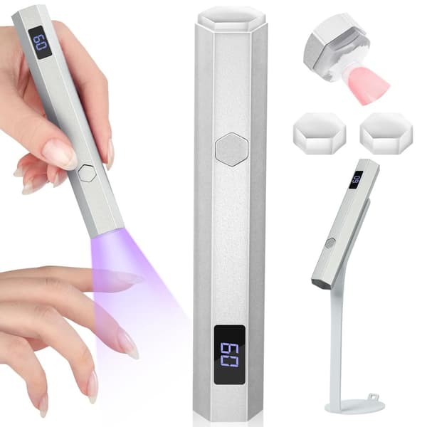 Mini UV Lampe Negle Sølv Negle Lampe med Kraftig Magnetisk Base 2-i-1 LED med 20s / 60sTimer og Negle Stempler